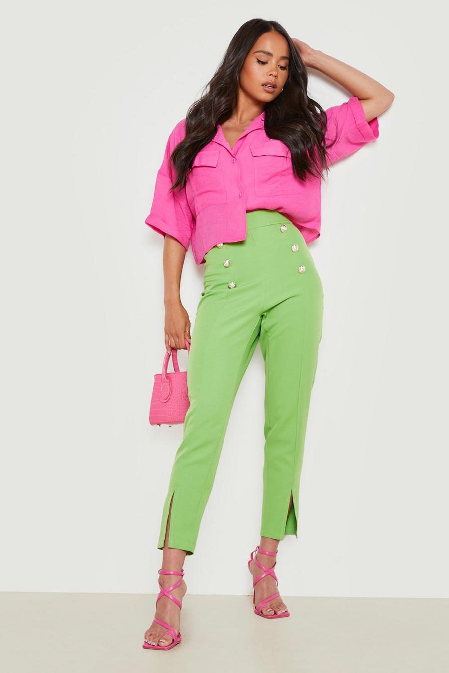 Lime Petite Gold Button Seam Detail Pants image number 1