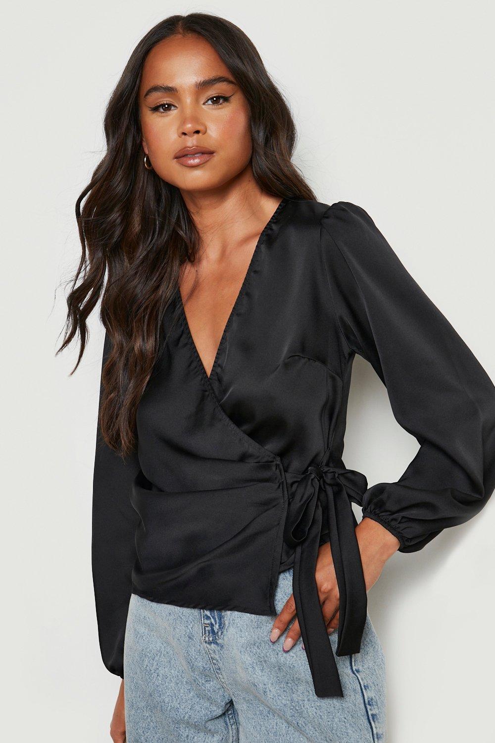 Black satin 2024 wrap blouse