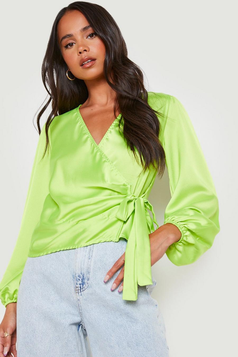 Lime Petite Puff Sleeve Satin Wrap Blouse image number 1