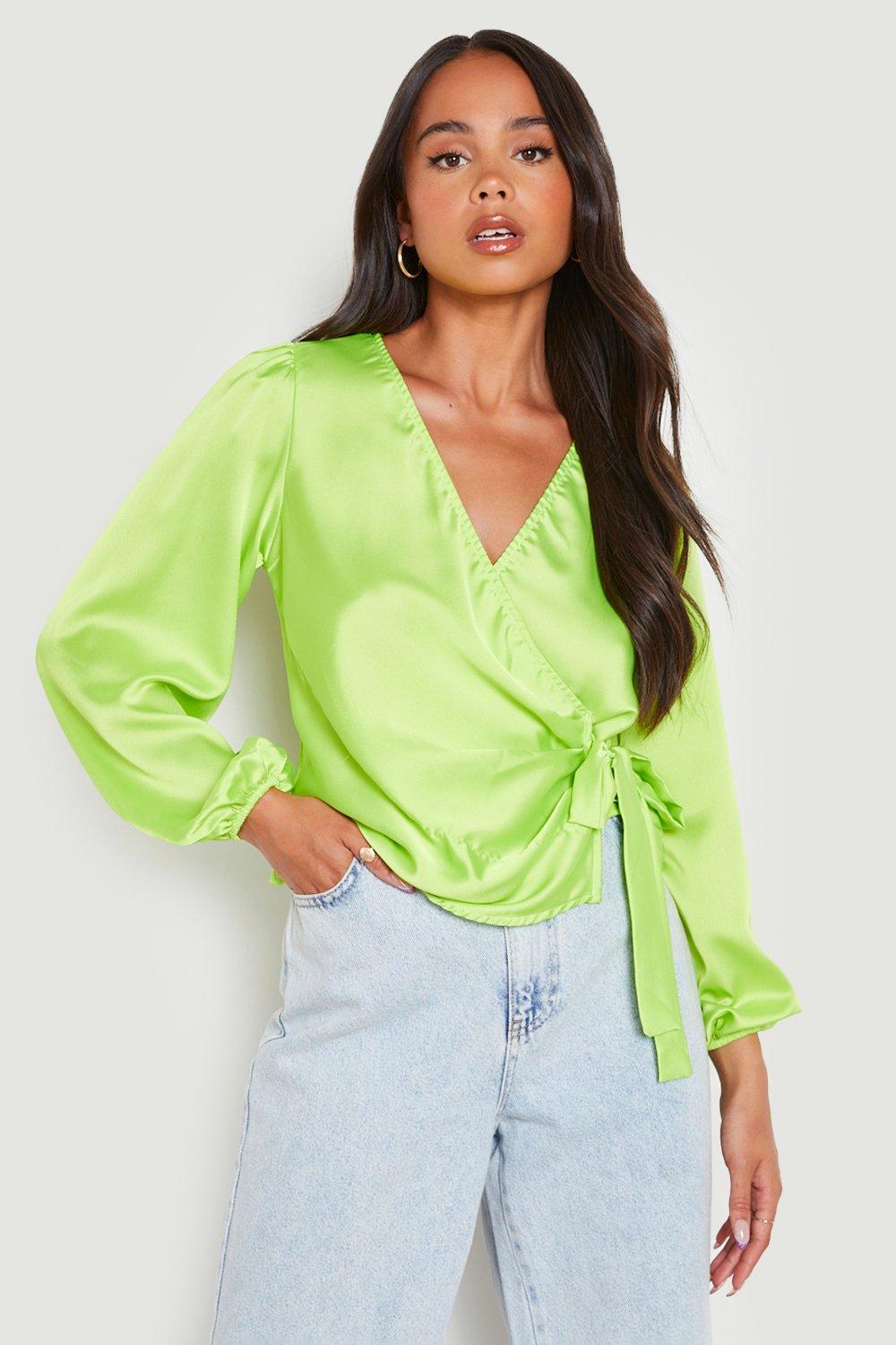 カットソー(長袖/七分) CITYSHOP V NECK SATIN BLOUSE Petite Volume Sleeve Satin Wrap Blouse | boohoo