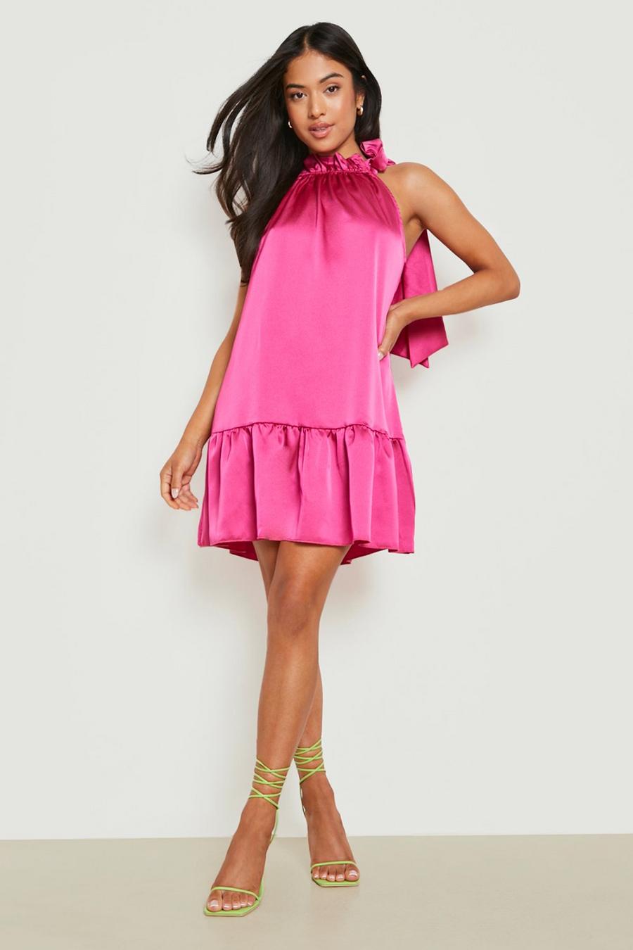 Hot pink Petite Tie Neck Volume Hem Satin Mini Dress image number 1