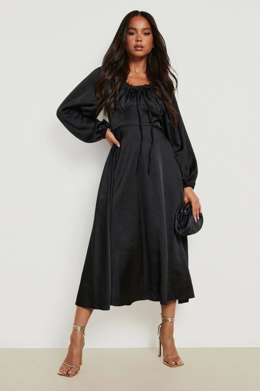 Black Petite Puff Sleeve Satin Midi Dress image number 1