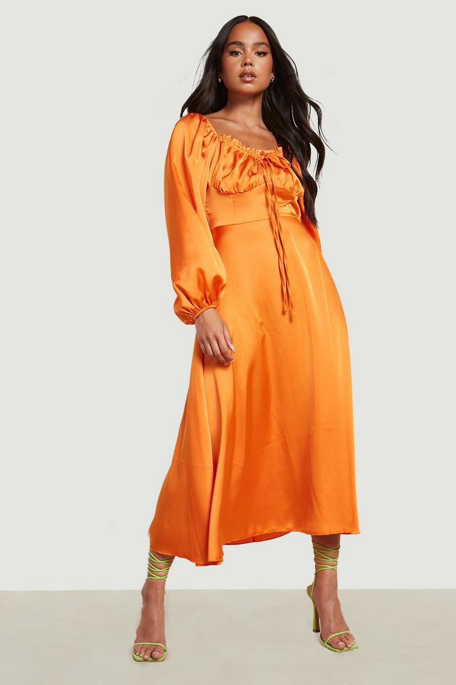 Orange Petite Puff Sleeve Satin Midi Dress image number 1