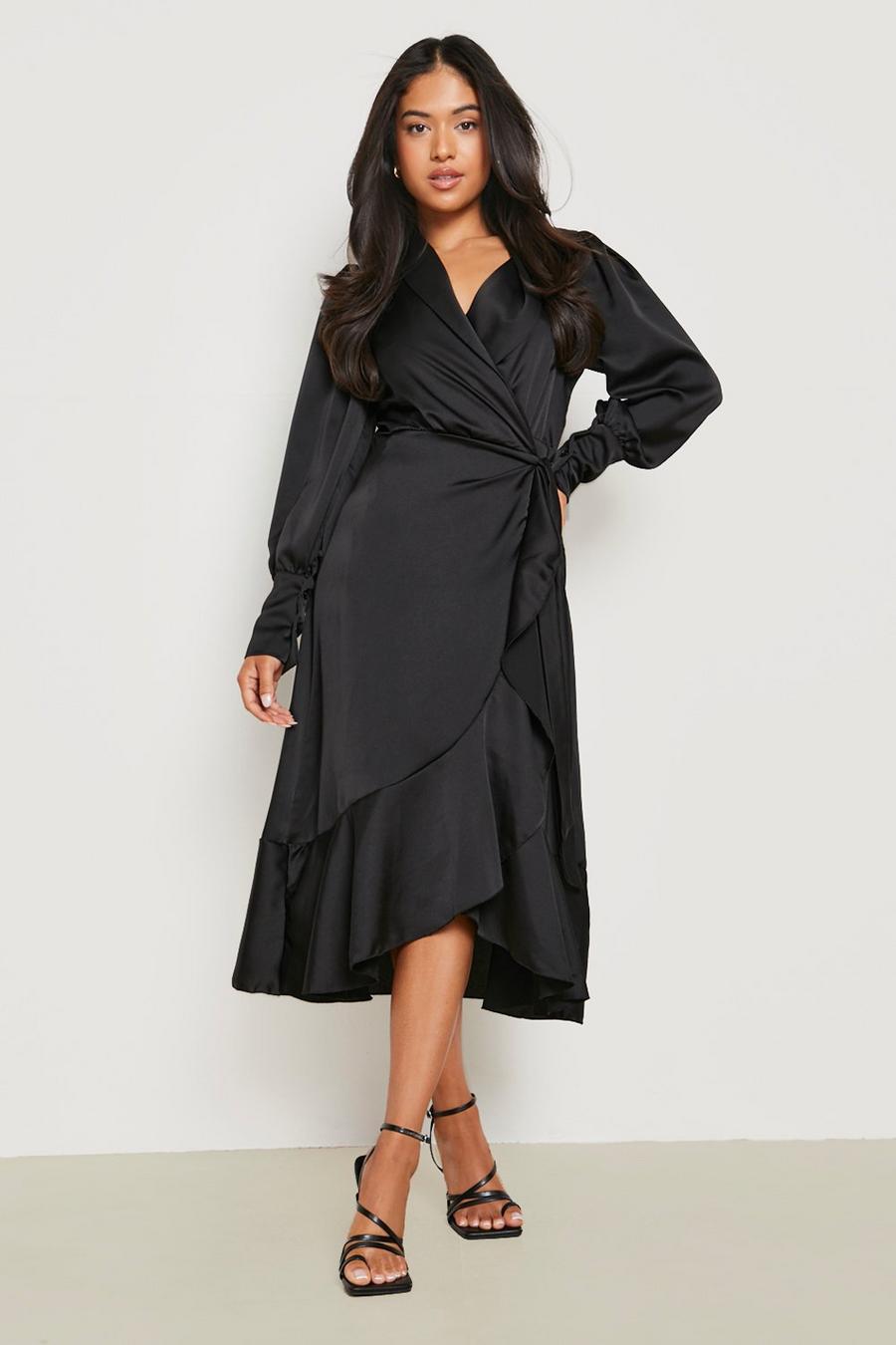 Black Petite Satin Wrap Puff Sleeve Midi Dress image number 1