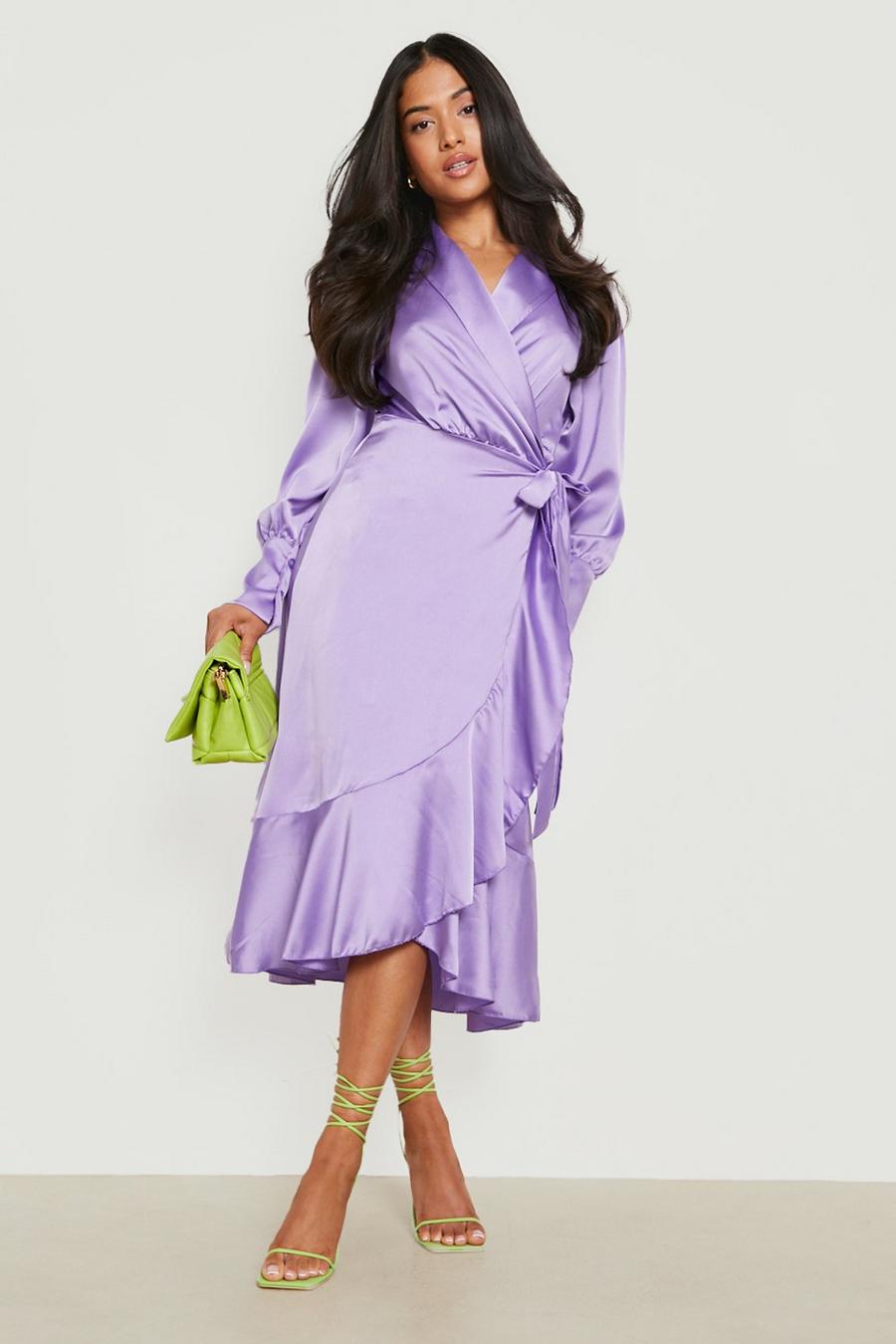 Lilac purple Petite Satin Wrap Puff Sleeve Midaxi Dress