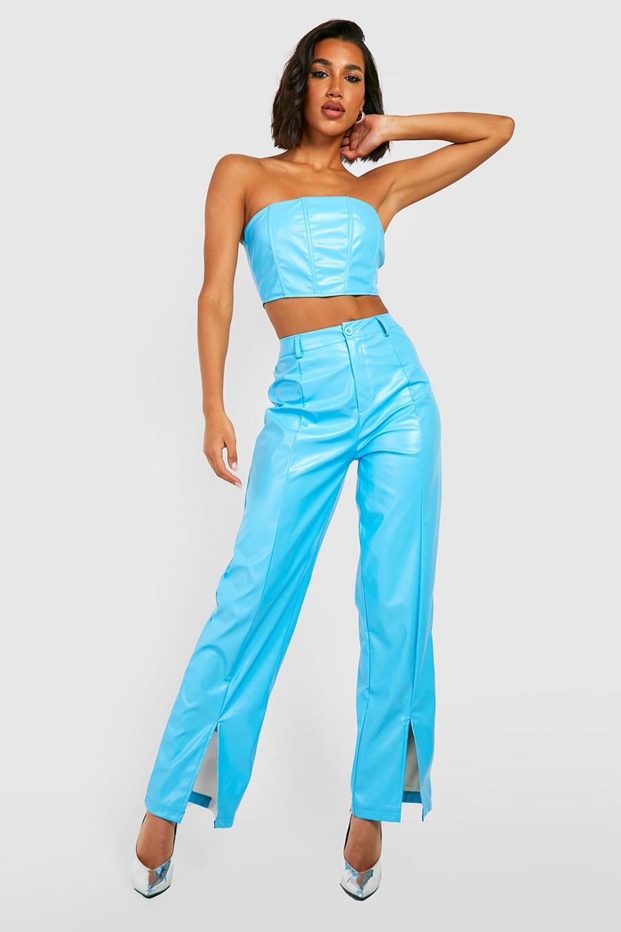 Azure Leather Look Split Front Wide Leg Trousers image number 1
