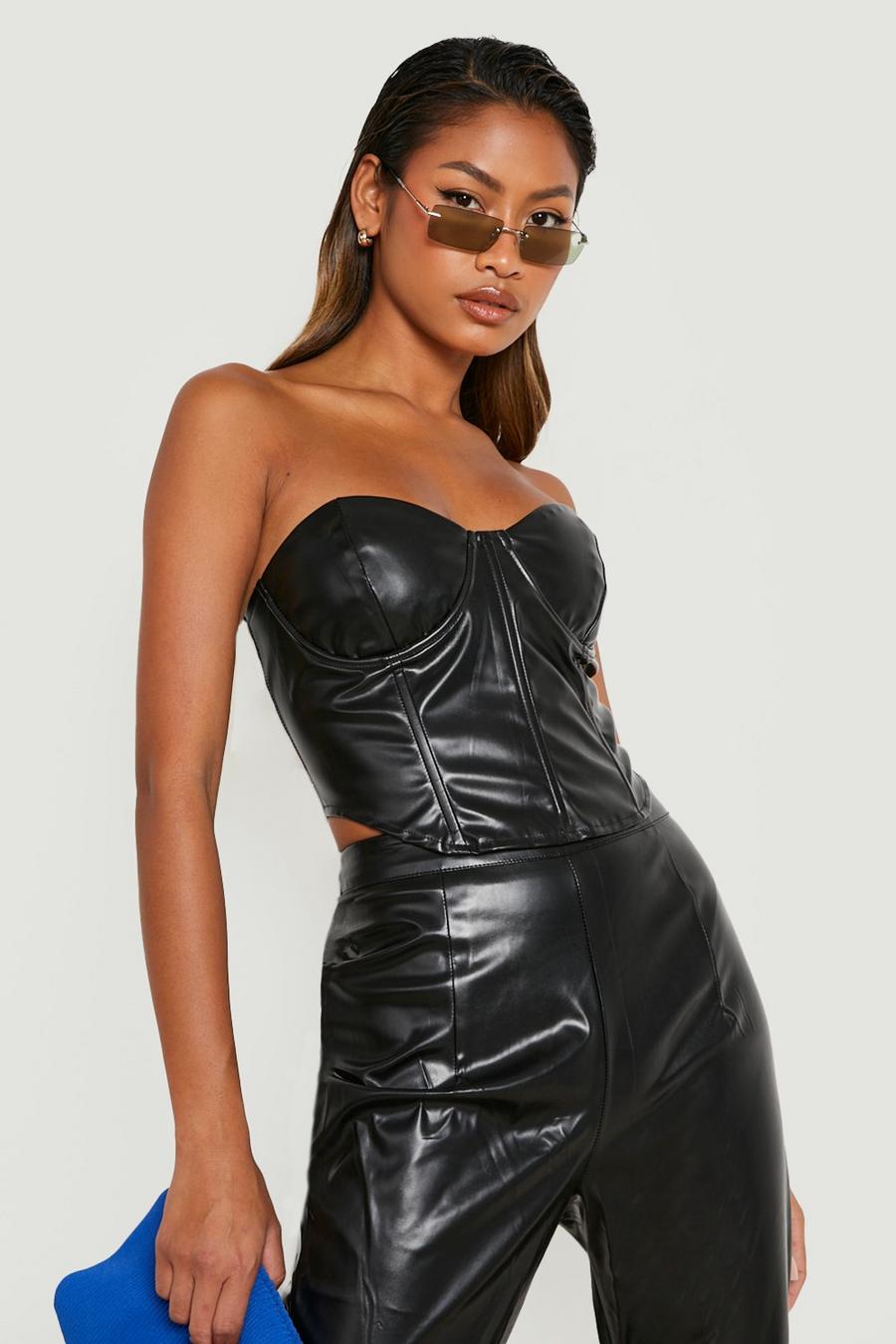 Leather Look Sweetheart Neck Corset & Fit & Flare Trousers