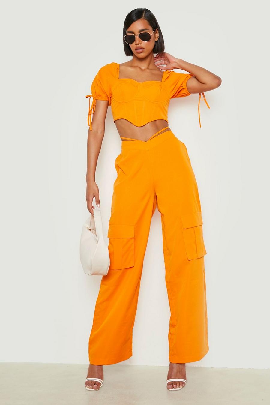 Orange V Waist Wide Leg Cargo Trousers  image number 1