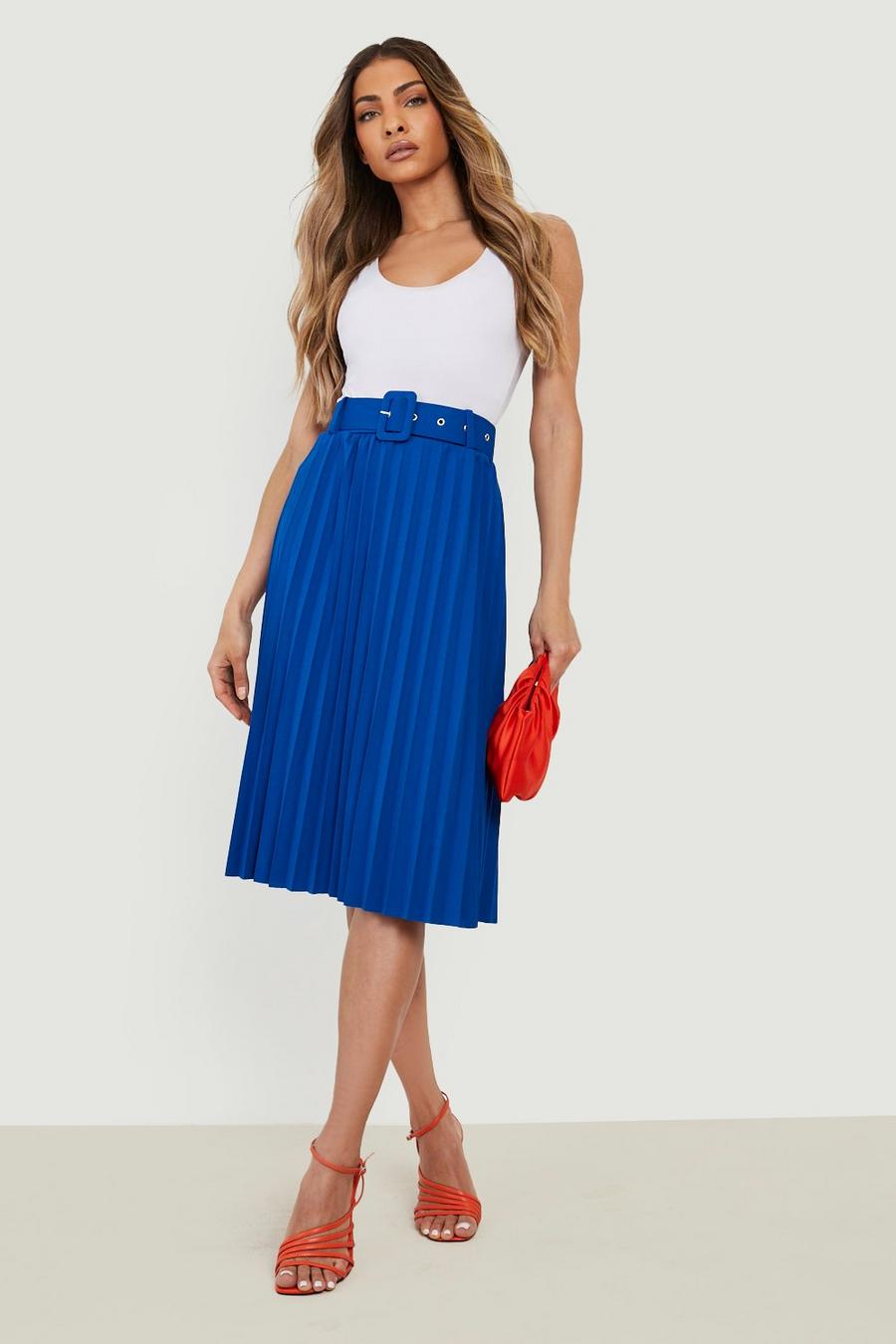 Bright blue Self Fabric Belted Pleat Midi Skirt