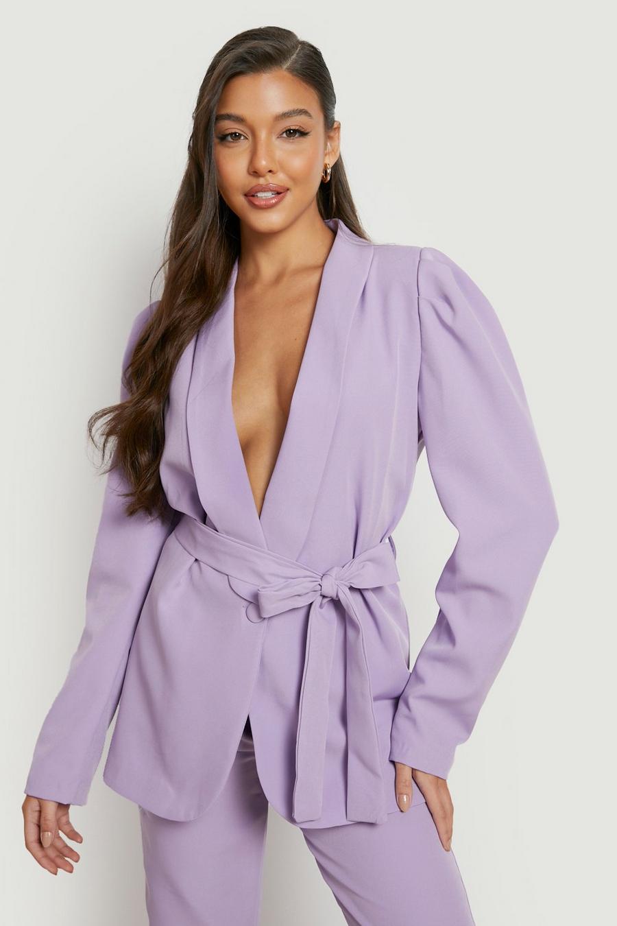 Lilac purple Volume Sleeve Tie Waist Tailored Blazer