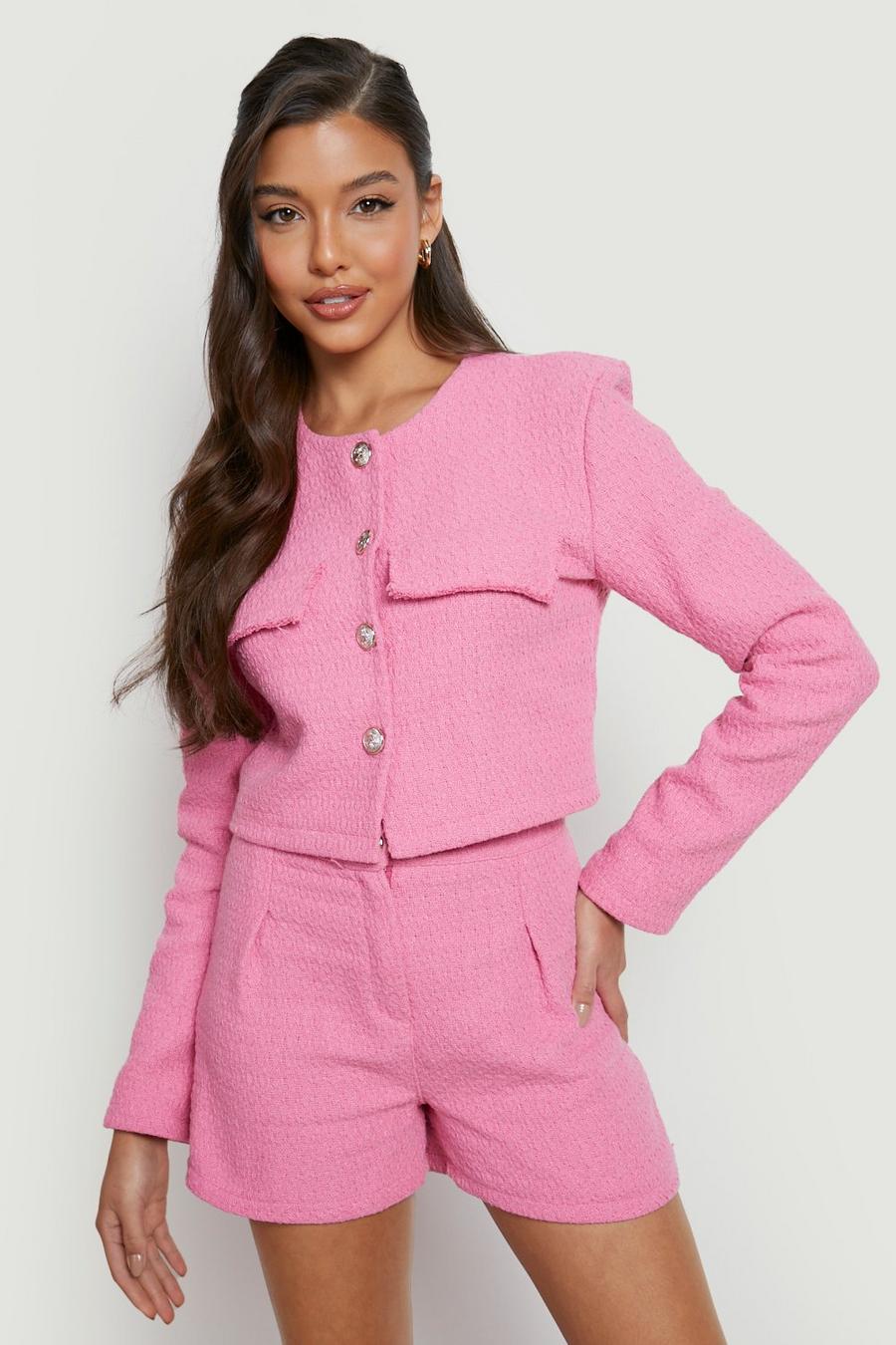 Pink Boucle Button Detail Cropped Blazer image number 1