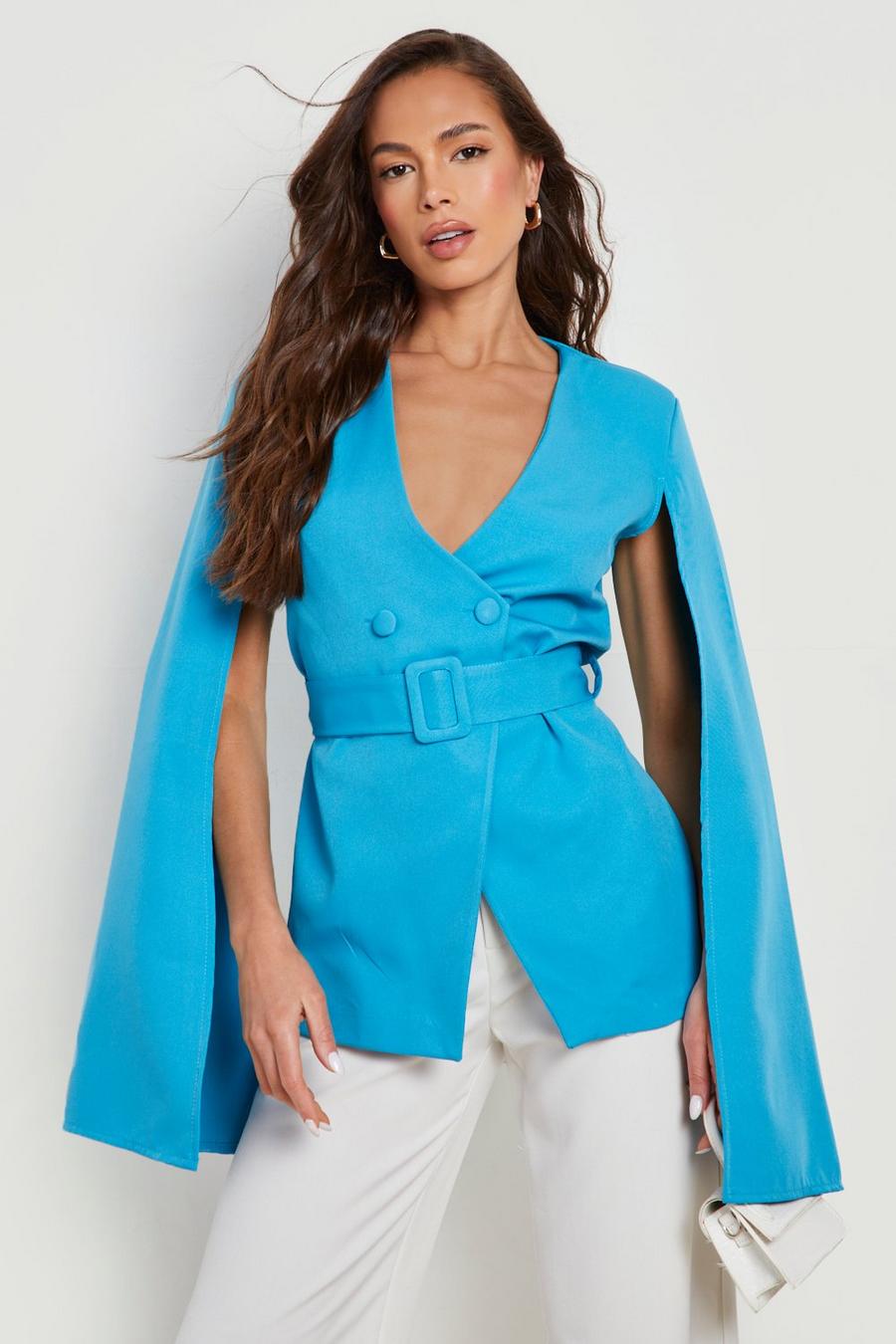 Azure Collarless Belted Cape Sleeve Tailored Blazer image number 1