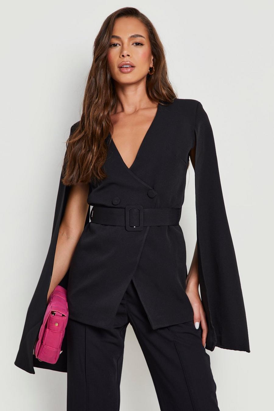 Black Collarless Belted Cape Sleeve Tailored Blazer image number 1