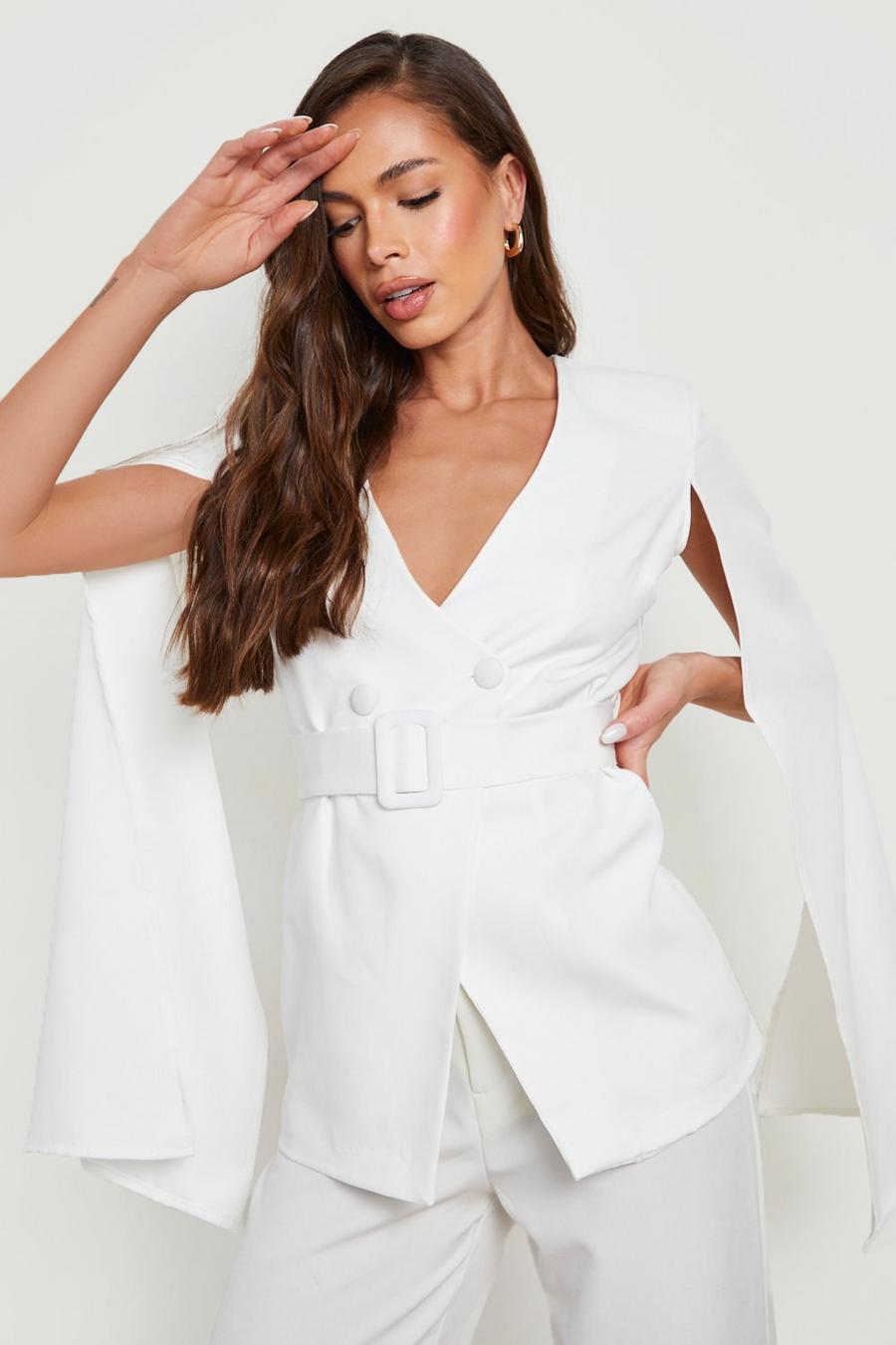 Ivory blanco Collarless Belted Cape Sleeve Tailored Blazer