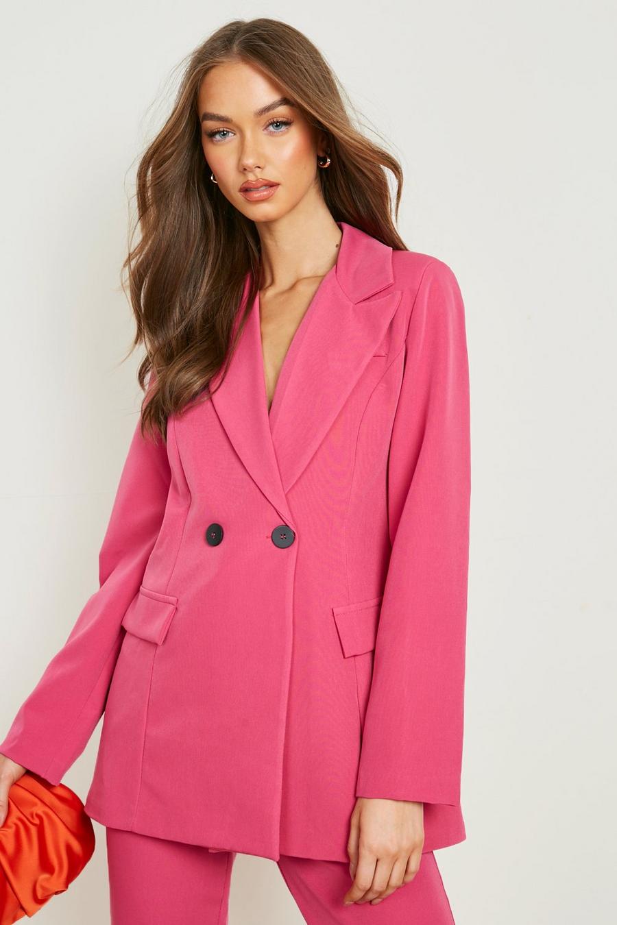 Pink Double Breasted Contrast Button Blazer image number 1