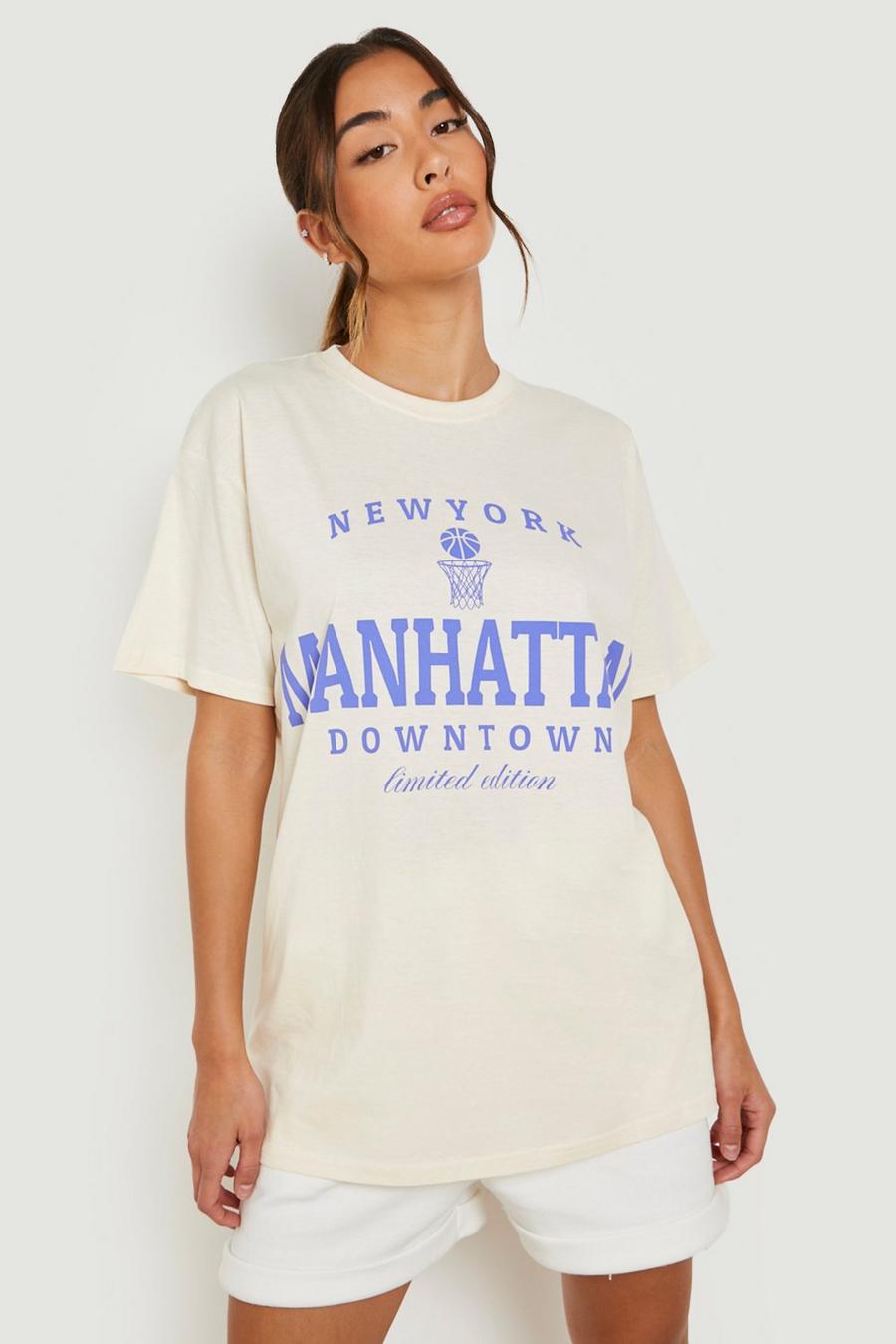 Blue Manhattan Slogan Printed Oversized T-shirt image number 1