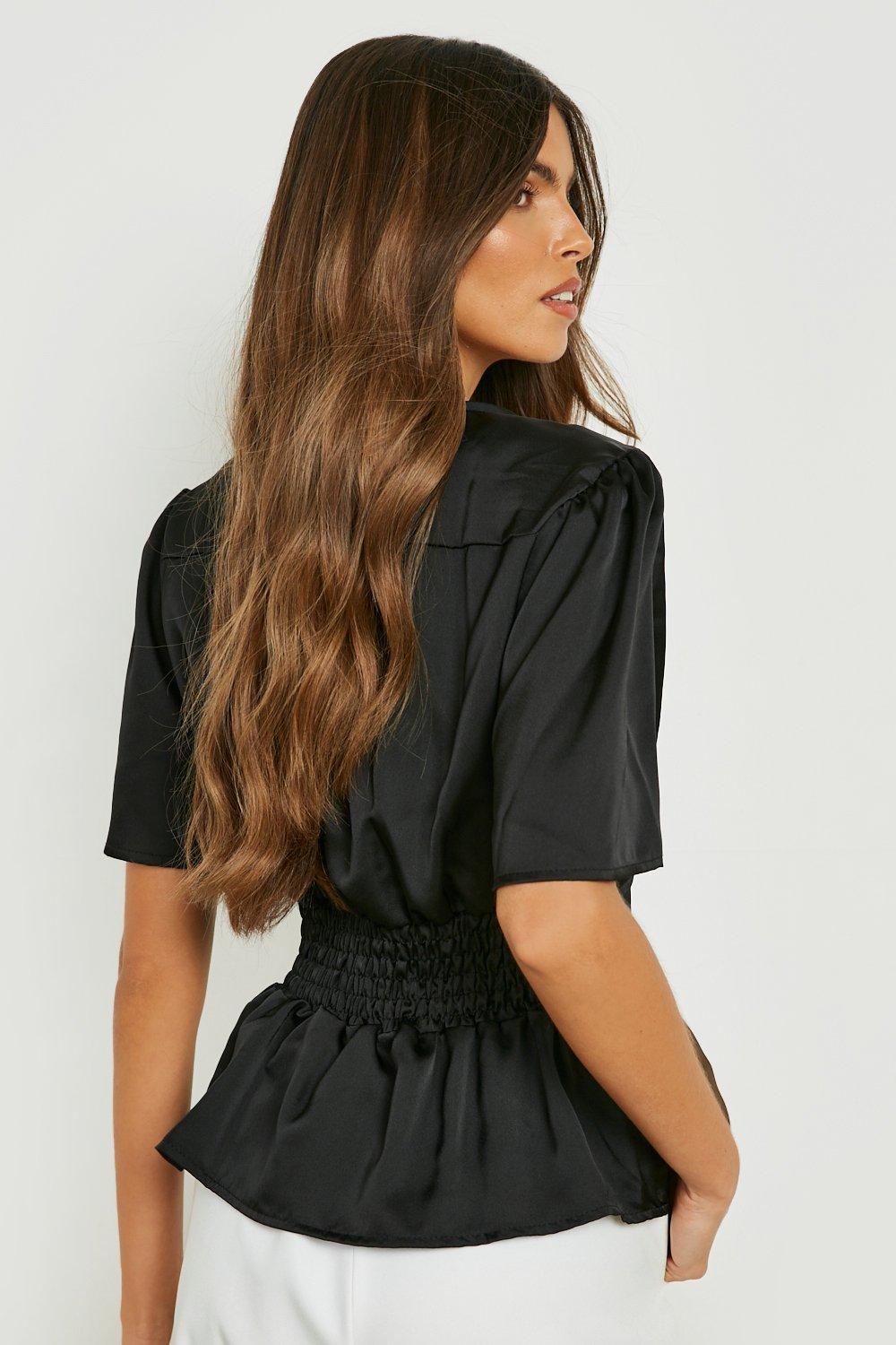 Satin Button Front Peplum Top boohoo NO