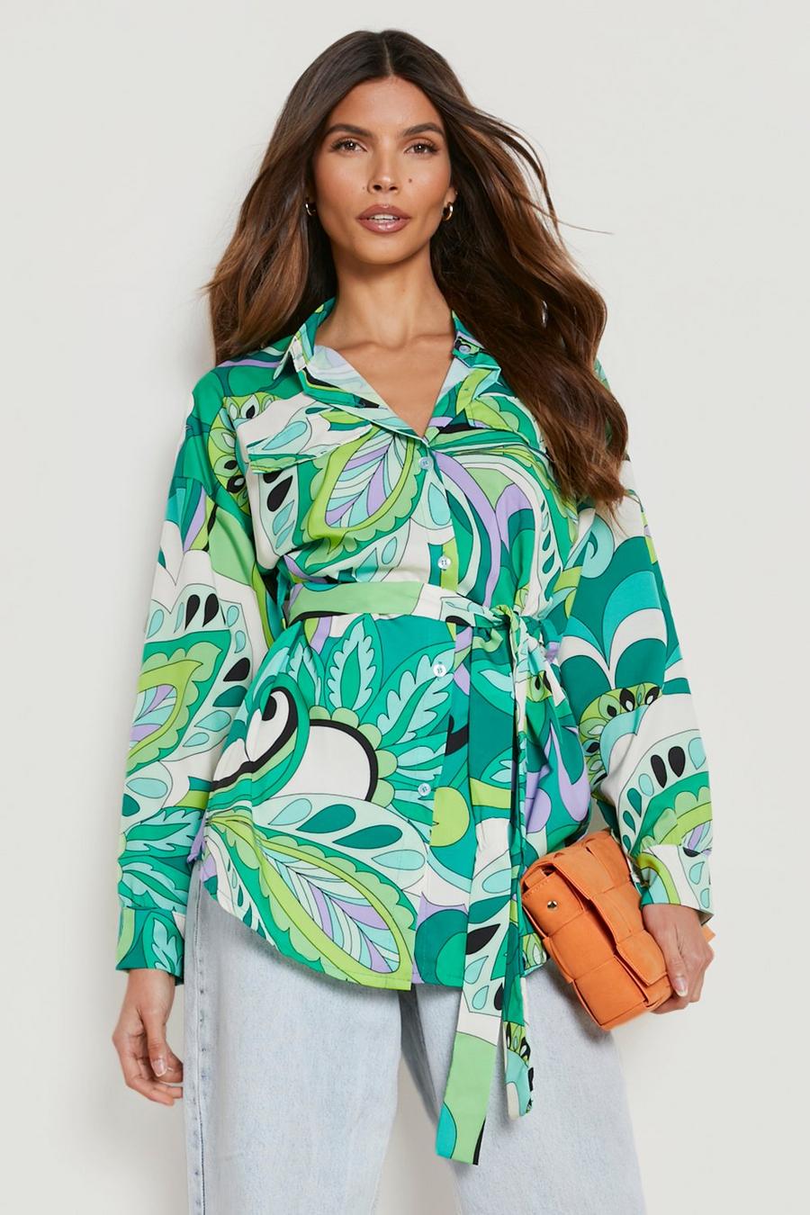 Green Paisley Belted Oversized Shirt image number 1