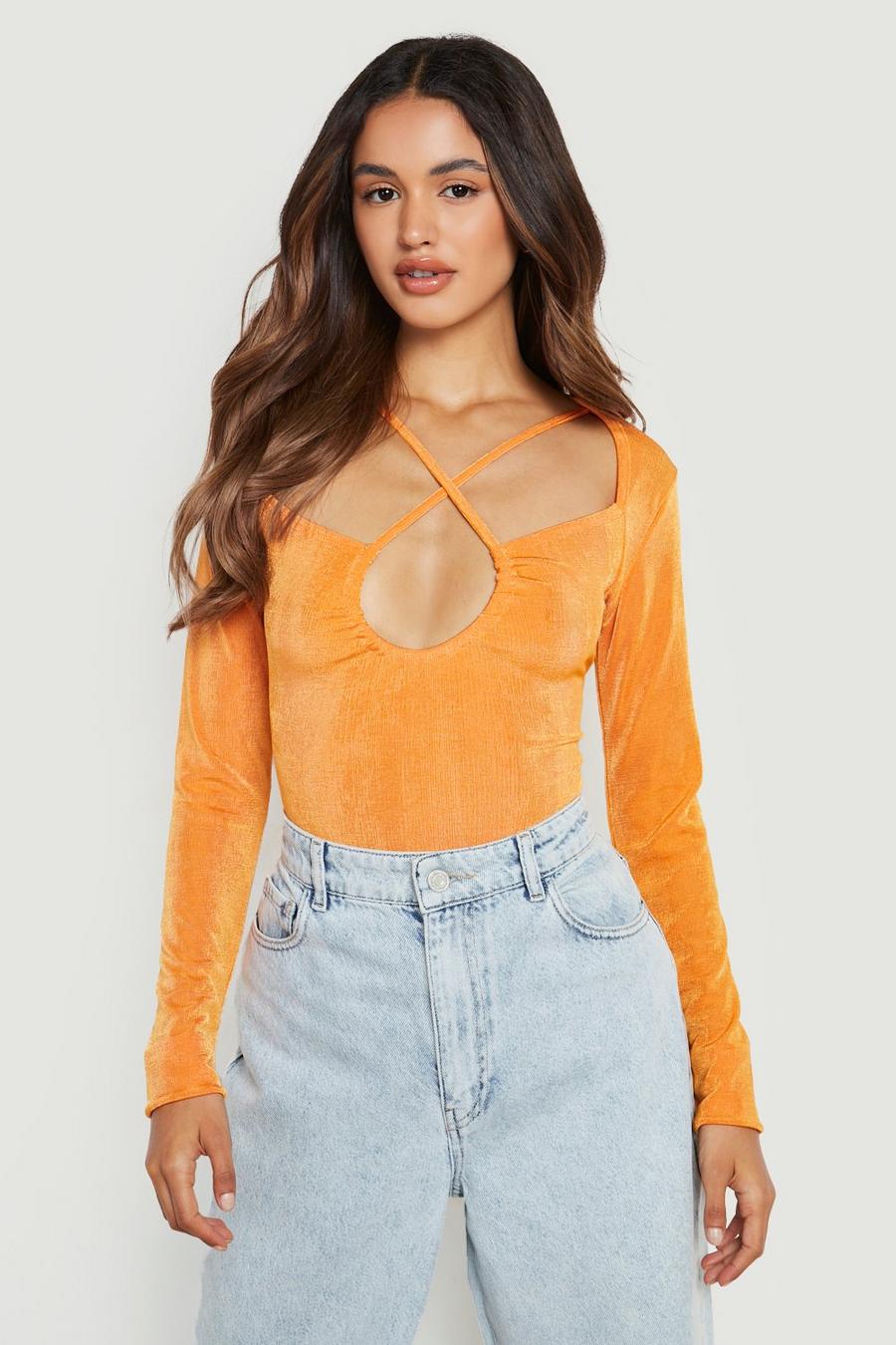 Tangerine Acetate Slinky Cut Out Bodysuit image number 1