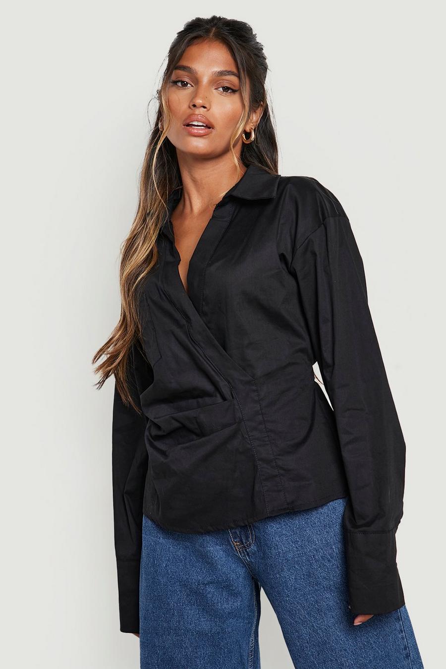 Wickel-Hemd aus Baumwolle mit Taschen-Detail, Black schwarz
