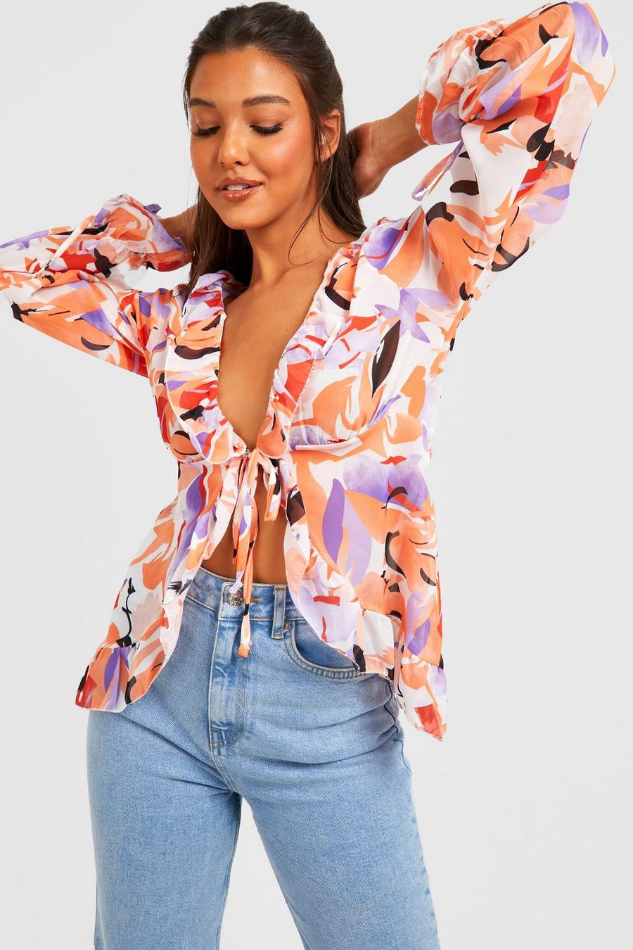 Orange Front Tie Ruffle Floral Blouse image number 1