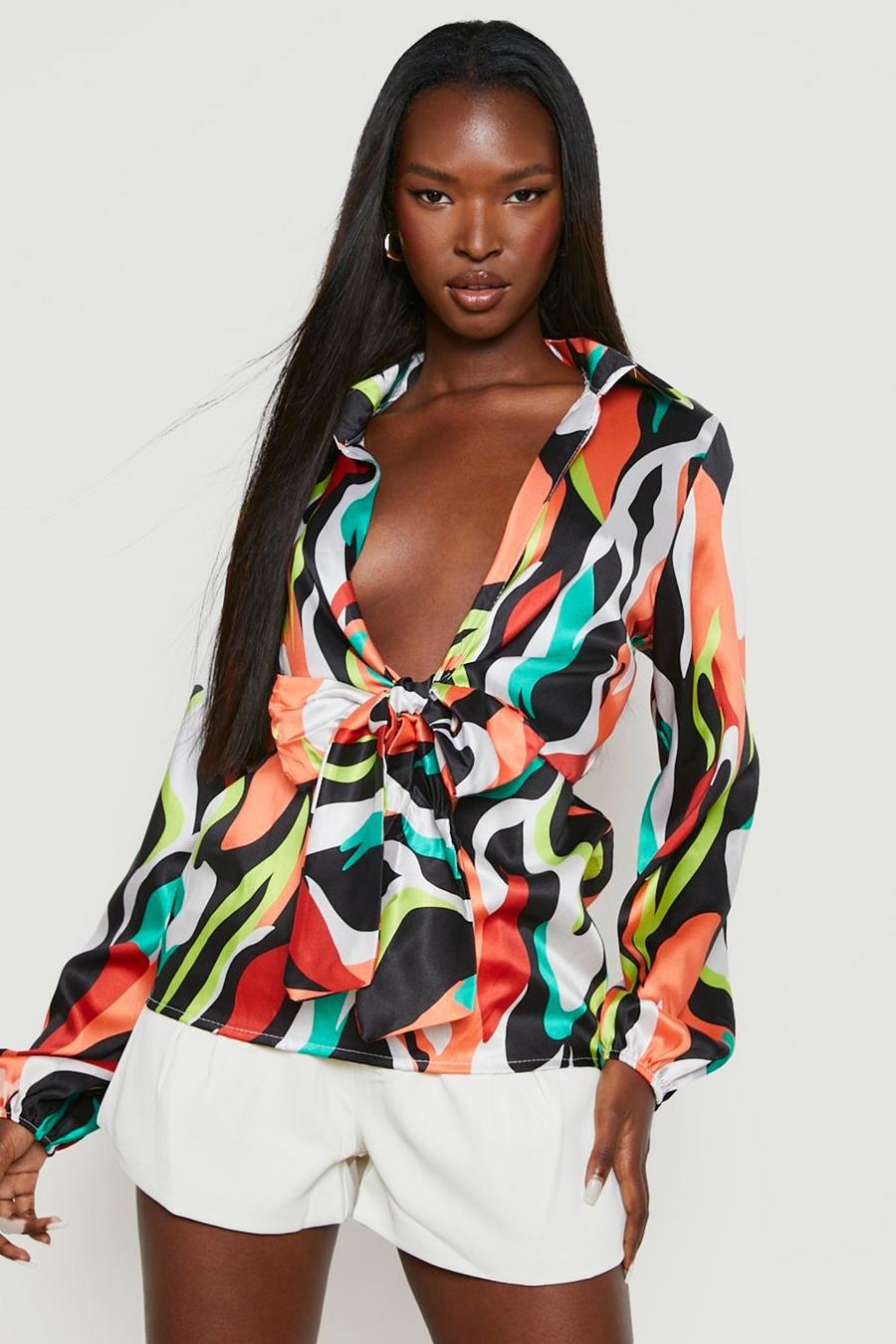 Black Tie Front Abstract Print Shirt
