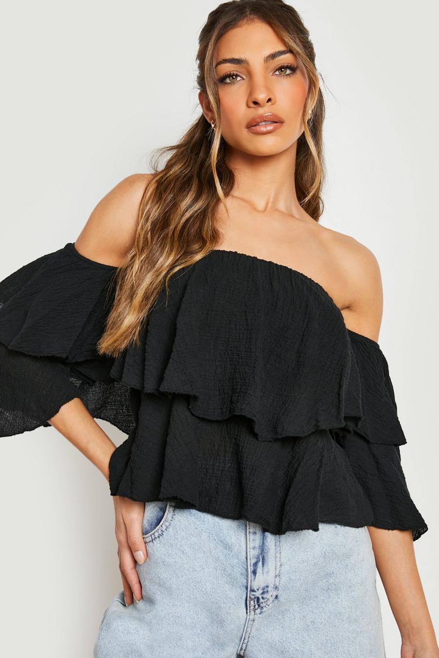 Black Crinkle Strappy Flounce Top image number 1