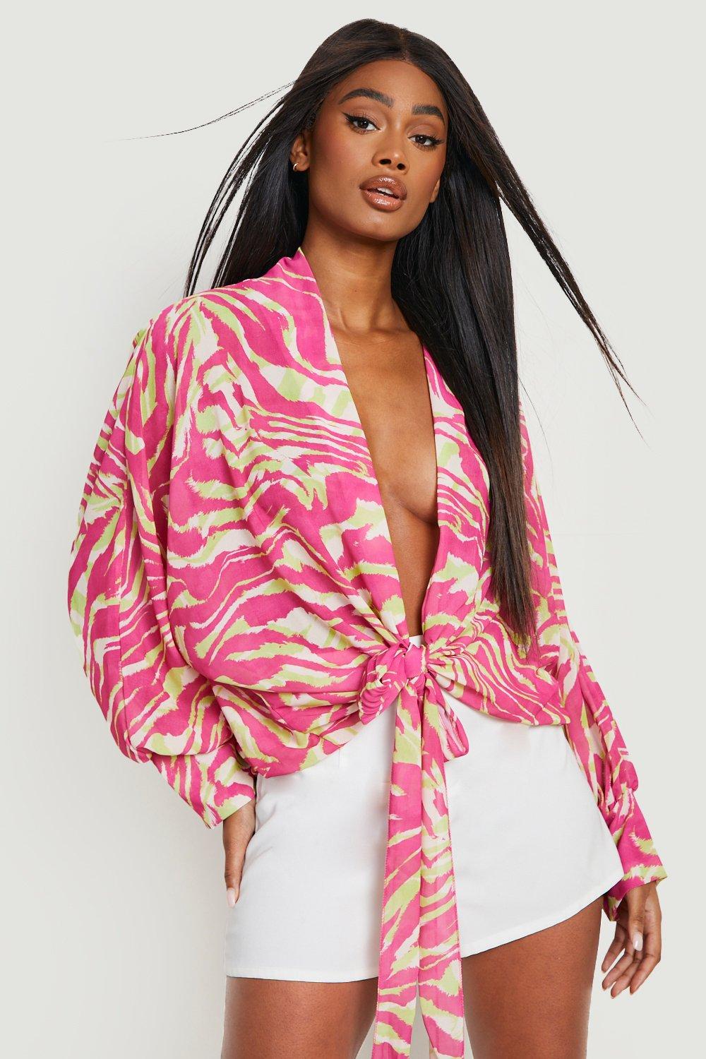 Zebra Tie Front Batwing Kimono | boohoo
