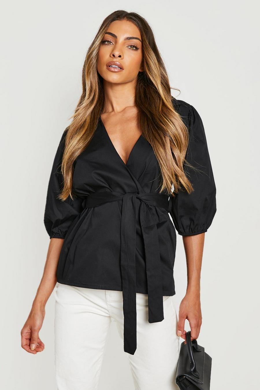 Black Collared Wrap Puff Sleeve Blouse image number 1
