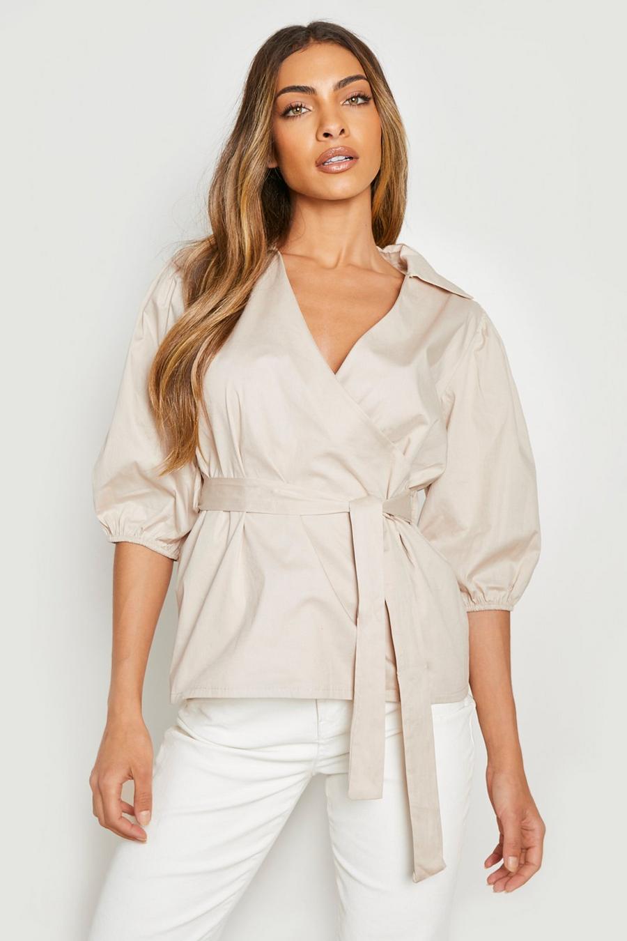 Stone Collared Wrap Puff Sleeve Blouse image number 1