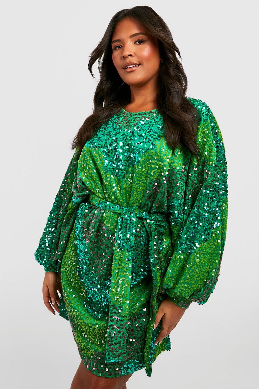 Green Plus Paneled Sequin Belted Mini Dress image number 1