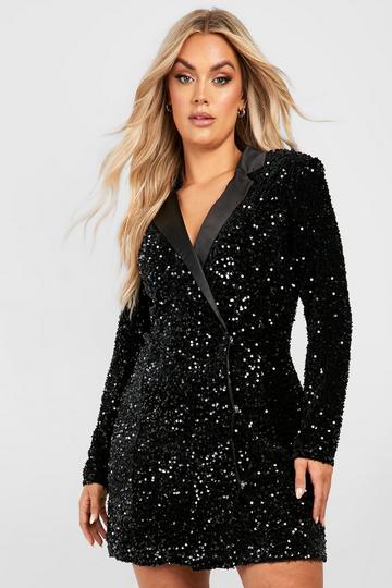 Plus Velvet Sequin Wrap Blazer Dress black