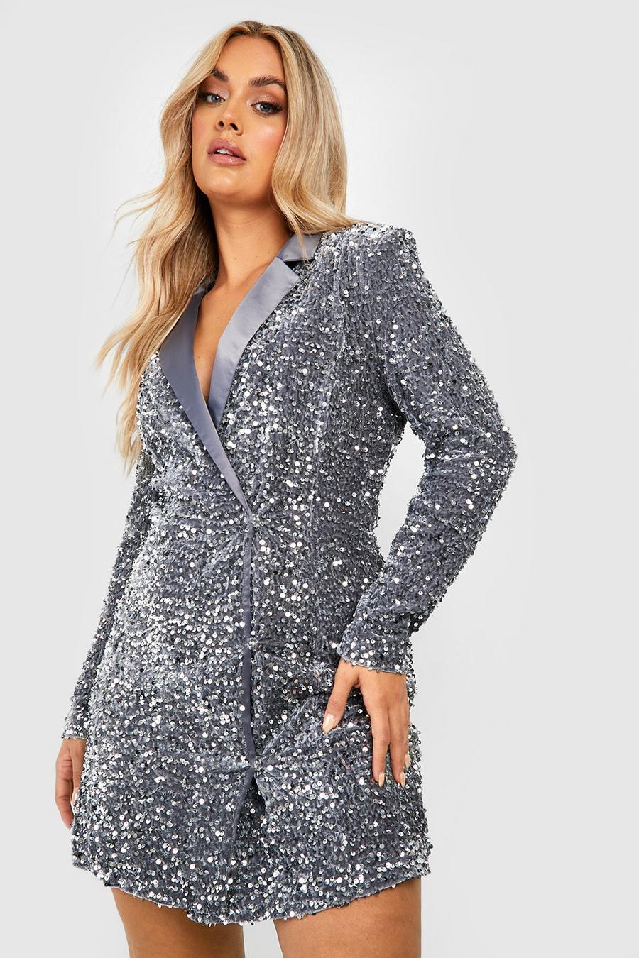 Silver Plus Velvet Sequin Wrap Blazer Dress. holiday party outfit ideas. christmas party outfit. new years eve party outfit ideas. sequin party outfit ideas. 