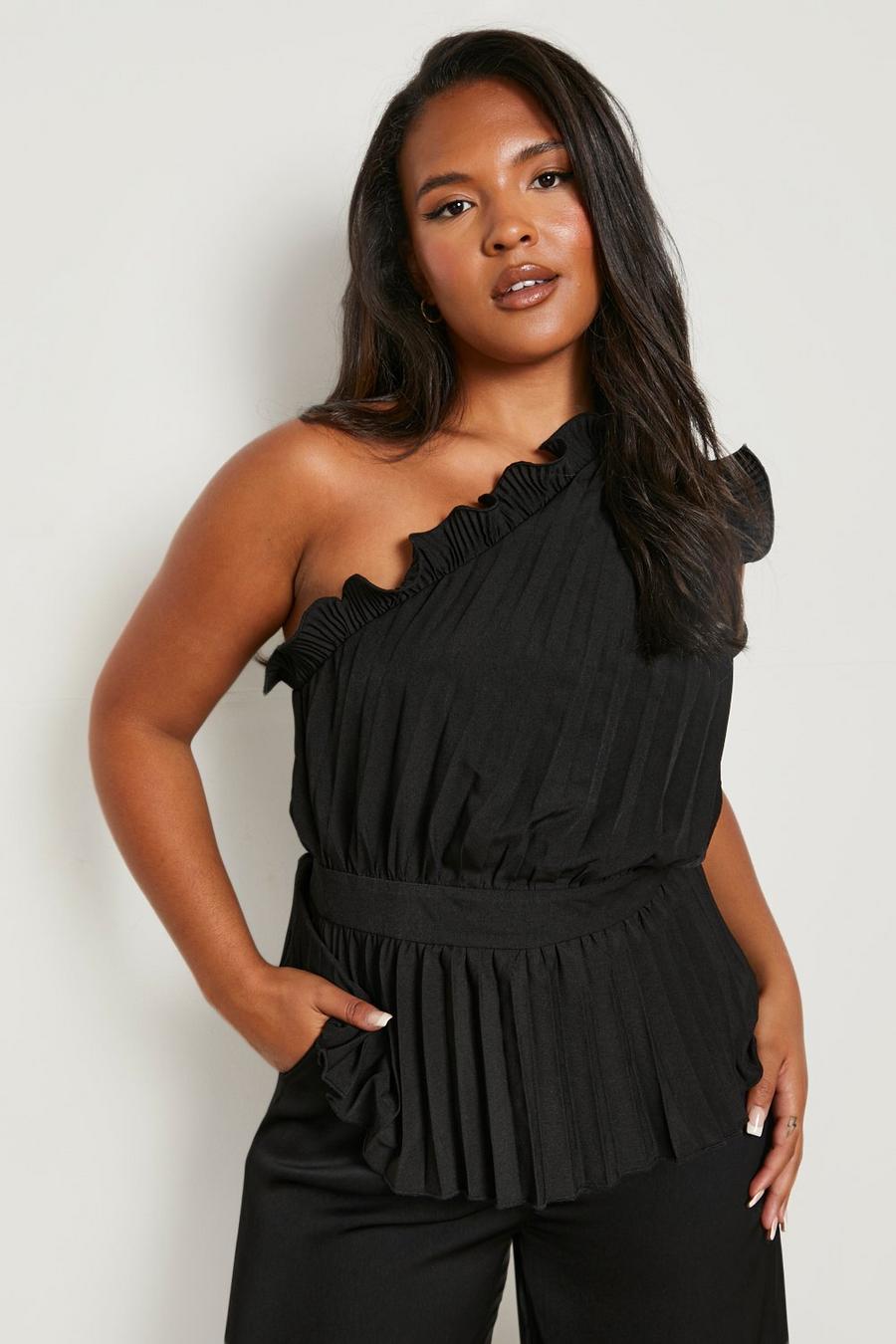 Black Plus Pleated Ruffle One Shoulder Top  image number 1