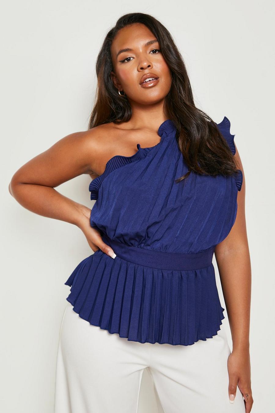 Navy Plus Pleated Ruffle One Shoulder Top image number 1