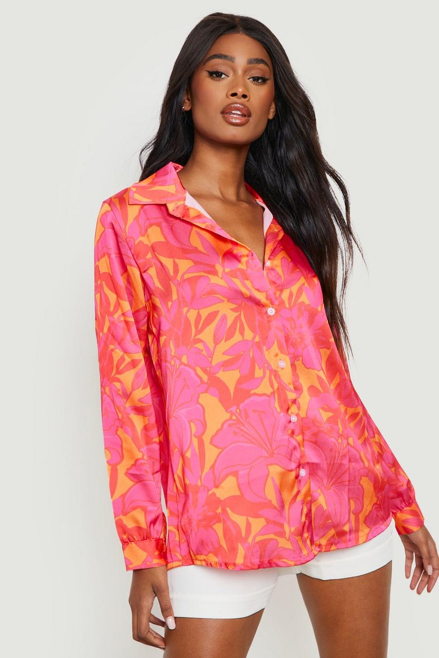 Orange Floral Print Oversized Satin Shirt image number 1