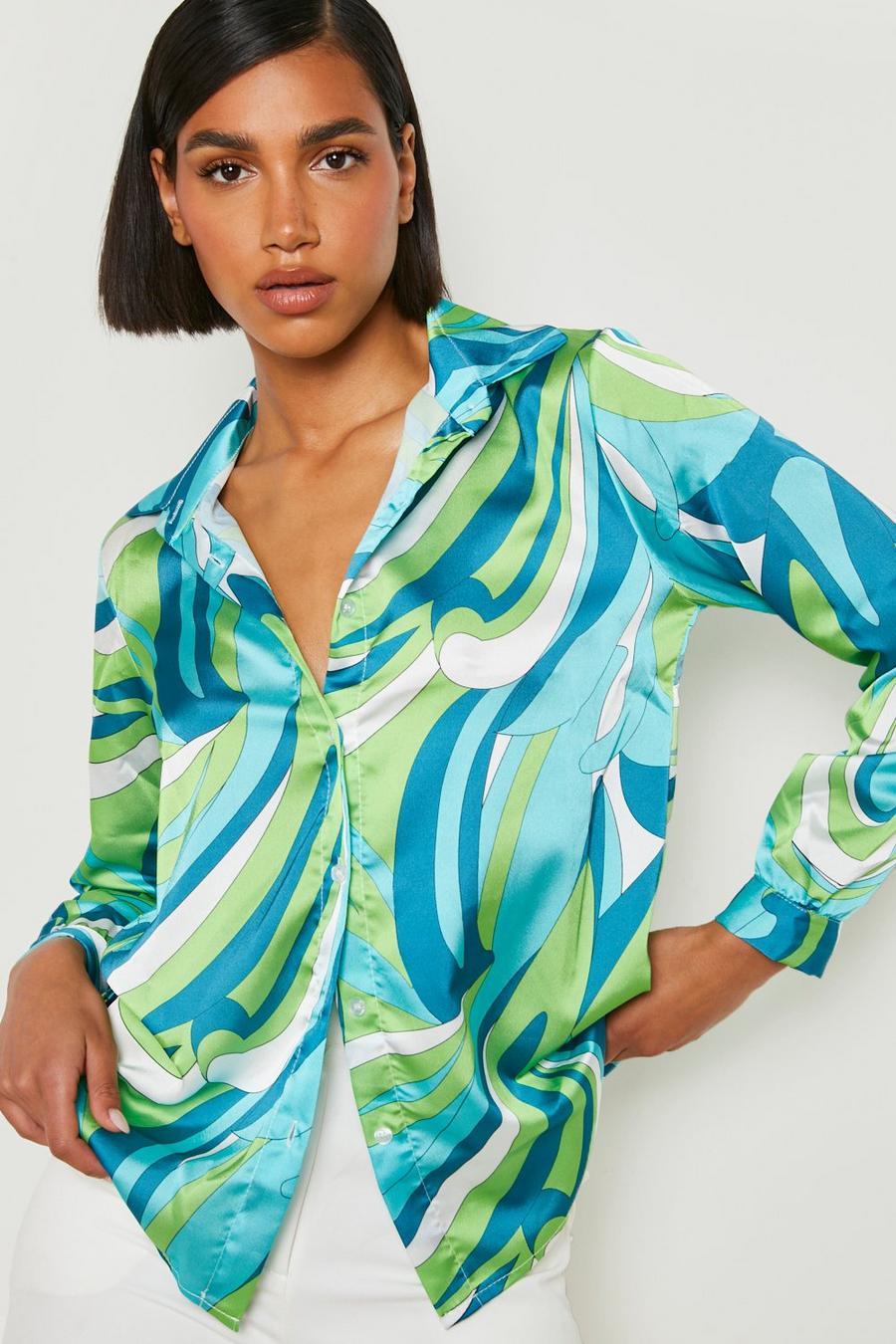 Green verde Abstract Print Oversized Satin Shirt image number 1