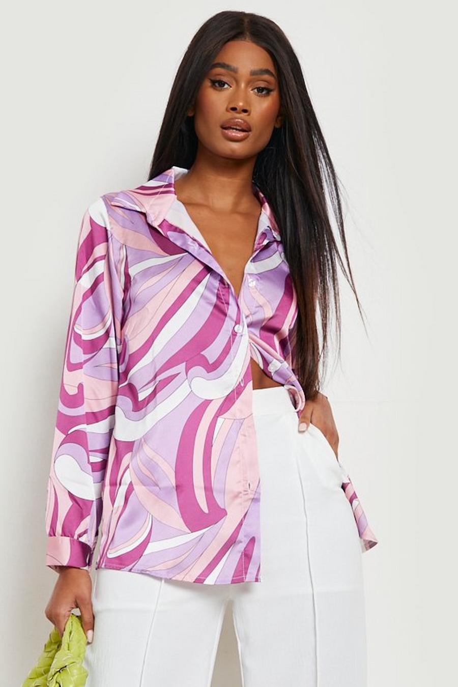 Lilac Abstract Print Oversized Satin Shirt image number 1
