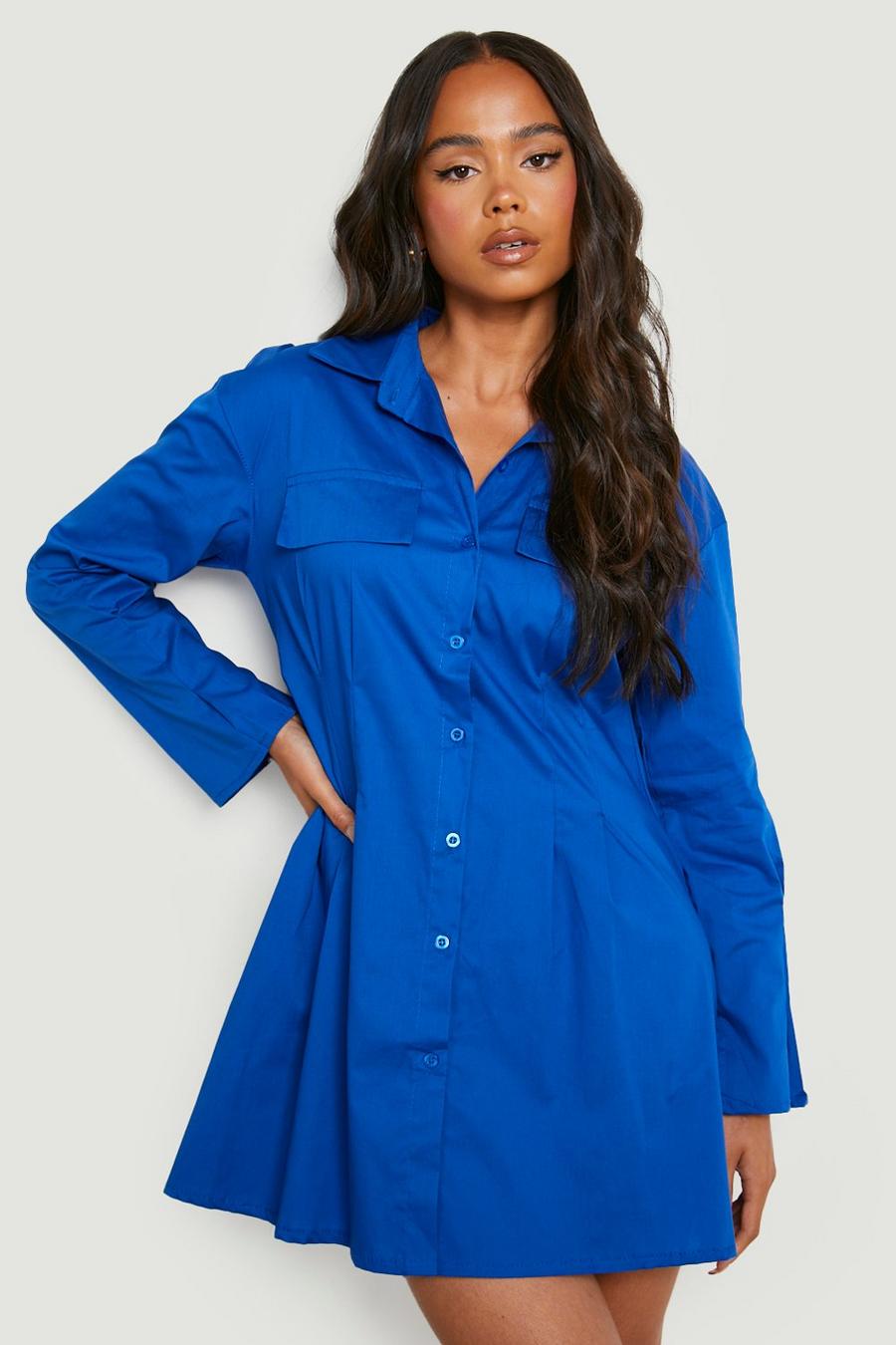 Cobalt blue Petite Cotton Cinched Waist Shirt Dress