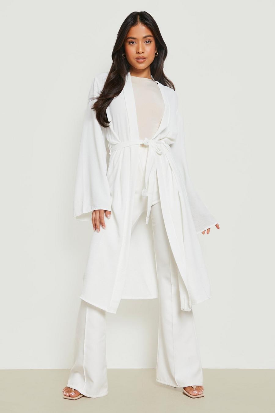 Kimono Petite in raso martellato con cintura, White bianco
