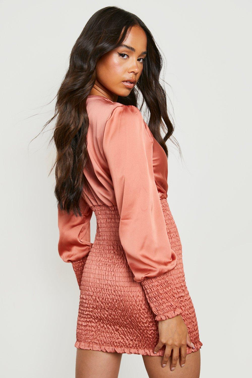 Petite Satin Shirred Wrap Dress | boohoo USA