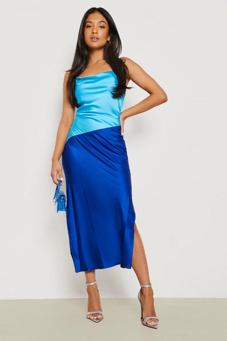Blue Petite Colourblock Satin Midi Dress image number 1