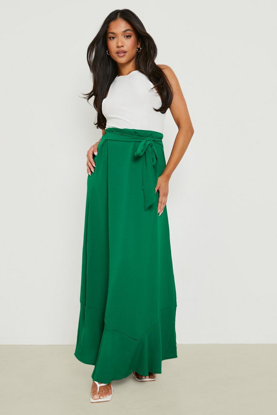 Green Petite Tie Waist Ruffle Hem Maxi Skirt image number 1