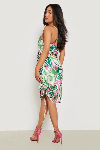 boohoo green Petite Abstract Side Ruched Strappy Dress