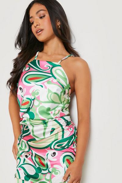 boohoo green Petite Abstract Side Ruched Strappy Dress