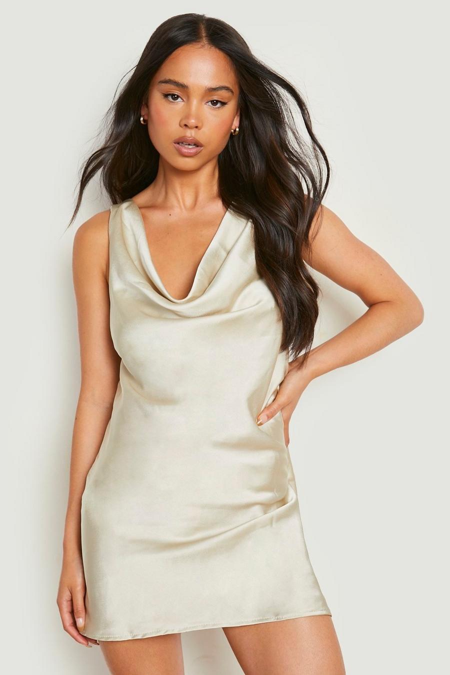 Champagne Petite Satin Cowl Chain Detail Shift Dress image number 1