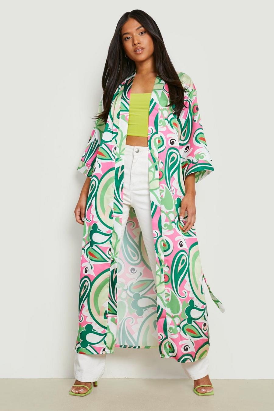 Green Petite Abstract Floral Maxi Kimono image number 1