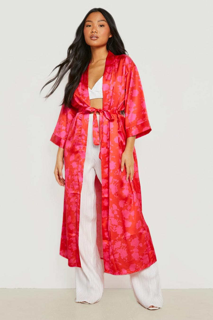 Red Petite Contrast Floral Maxi Kimono