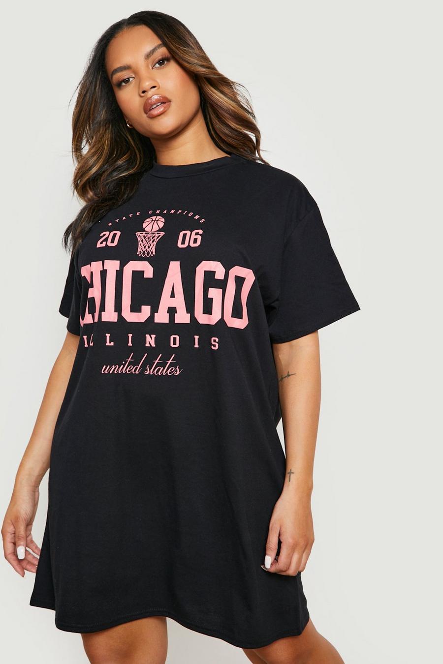 Plus Oversize T-Shirt-Kleid mit Chicago-Slogan, Black image number 1