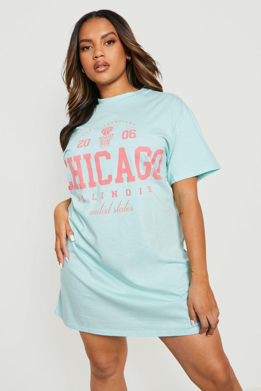Plus Oversize T-Shirt-Kleid mit Chicago-Slogan, Mint image number 1
